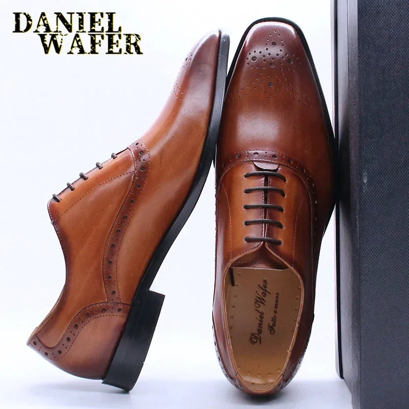 Men’s Genuine Leather Oxford Shoes - Brown and Black Snake Print Lace-Up Business Wedding Dress Shoes
