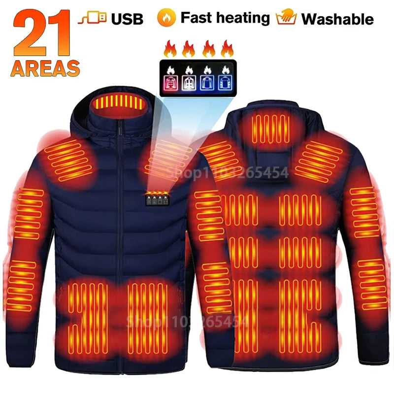 31-Zone Smart USB Heated Jacket for Men & Women – Waterproof Polyester Thermal Coat for Winter, Skiing, and Outdoor Activities
