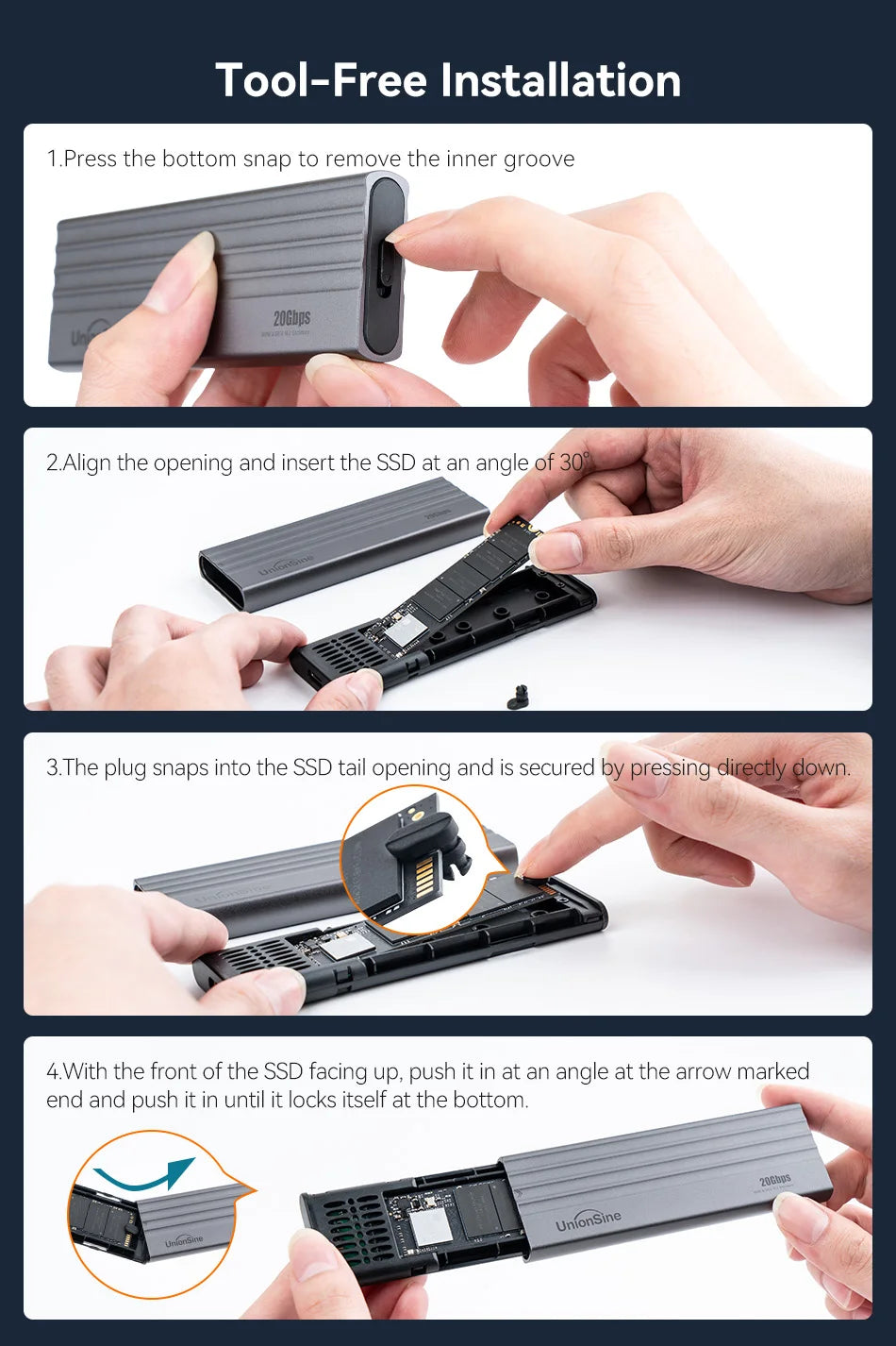 UnionSine 20Gbps M.2 PCIe SSD Case – Dual Protocol M.2 to USB Type-C 3.1 Adapter for NVMe, NGFF, and SATA SSD
