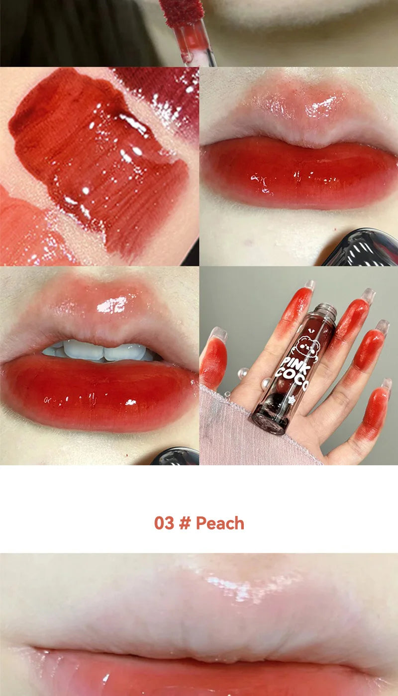 PINKCOCO Bear Doodle Mirror Lip Glaze – Long-Lasting Shiny Nude Lip Gloss, Skin-Brightening Student-Friendly Lipstick