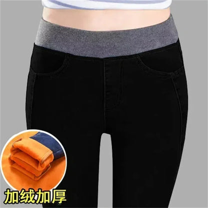 Women's Winter Velvet Stretch Jeans - High Waist Warm Skinny Mom Denim Trousers