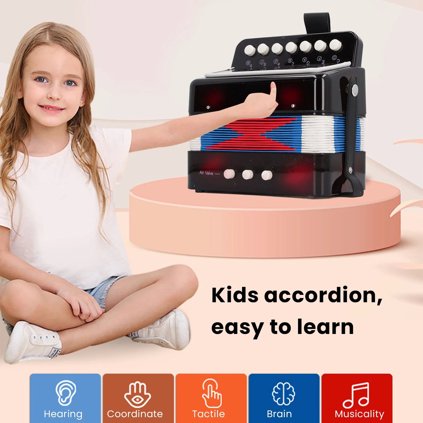 Kids Beginner Button Accordion - 2 Bass Educational Musical Instrument with Belt for Practice