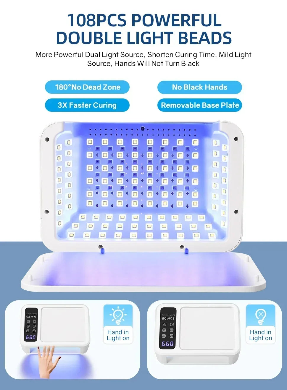 480W UV LED Nail Lamp – 108 LEDs Nail Dryer with Red Light Whitening Mode, Large Space, 4 Timer Settings