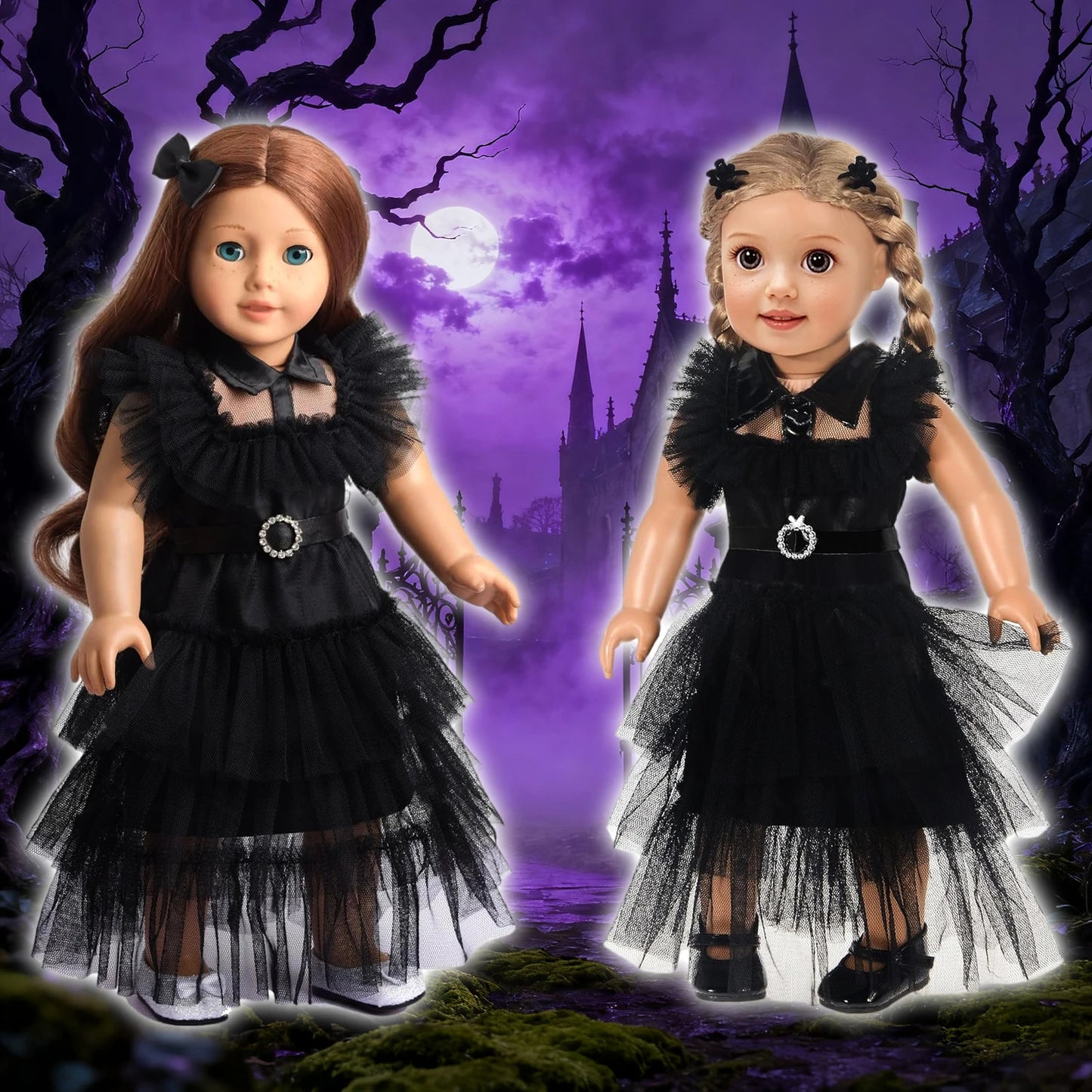 18-Inch Girl Doll Halloween Dress – Wednesday Outfit for 43–45cm American Girl Dolls, Skirt & Toy Gift Set