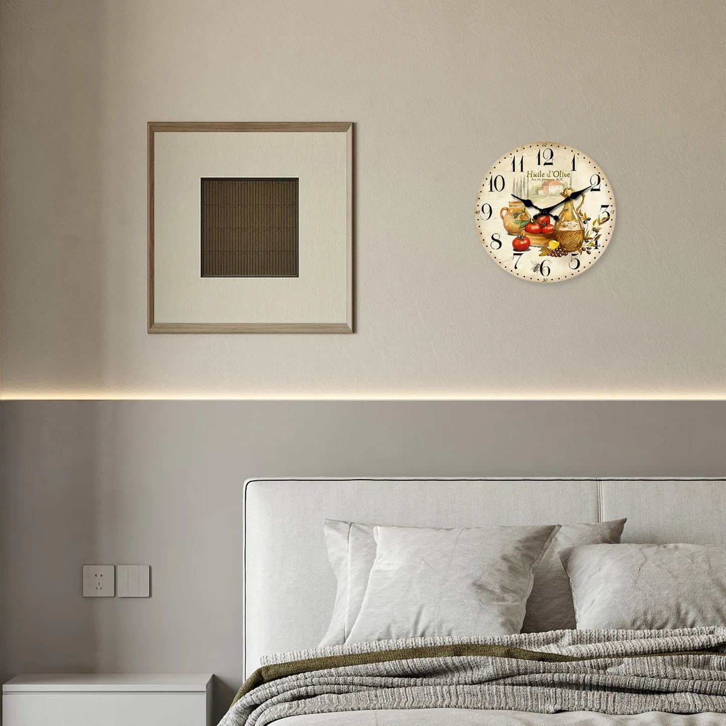 Retro Provence Wooden Wall Clock – Olive Oil & Tomato Pattern, Silent Quartz for Living Room, Bedroom, Kitchen | 10-16 Inch Home Decor, Holiday Gift (No Batteries)