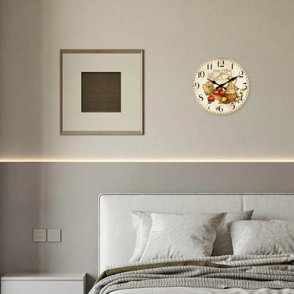 Retro Provence Wooden Wall Clock – Olive Oil & Tomato Pattern, Silent Quartz for Living Room, Bedroom, Kitchen | 10-16 Inch Home Decor, Holiday Gift (No Batteries)