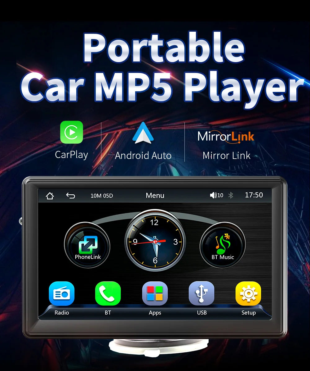 BQCC 7" HD IPS Car MP5 Player — Portable Stereo with Wireless CarPlay, Android Auto, BT, FM, USB & WiFi
