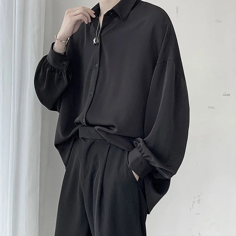 Men’s  Oversized Shirt - Loose Fit Long Sleeve Casual Black Tie Breathable Harajuku Top