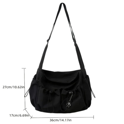 Women’s Fashion Crossbody Bag with Drawstring Detail – Spacious Zipper Shoulder Purse with Stylish Bag Charm