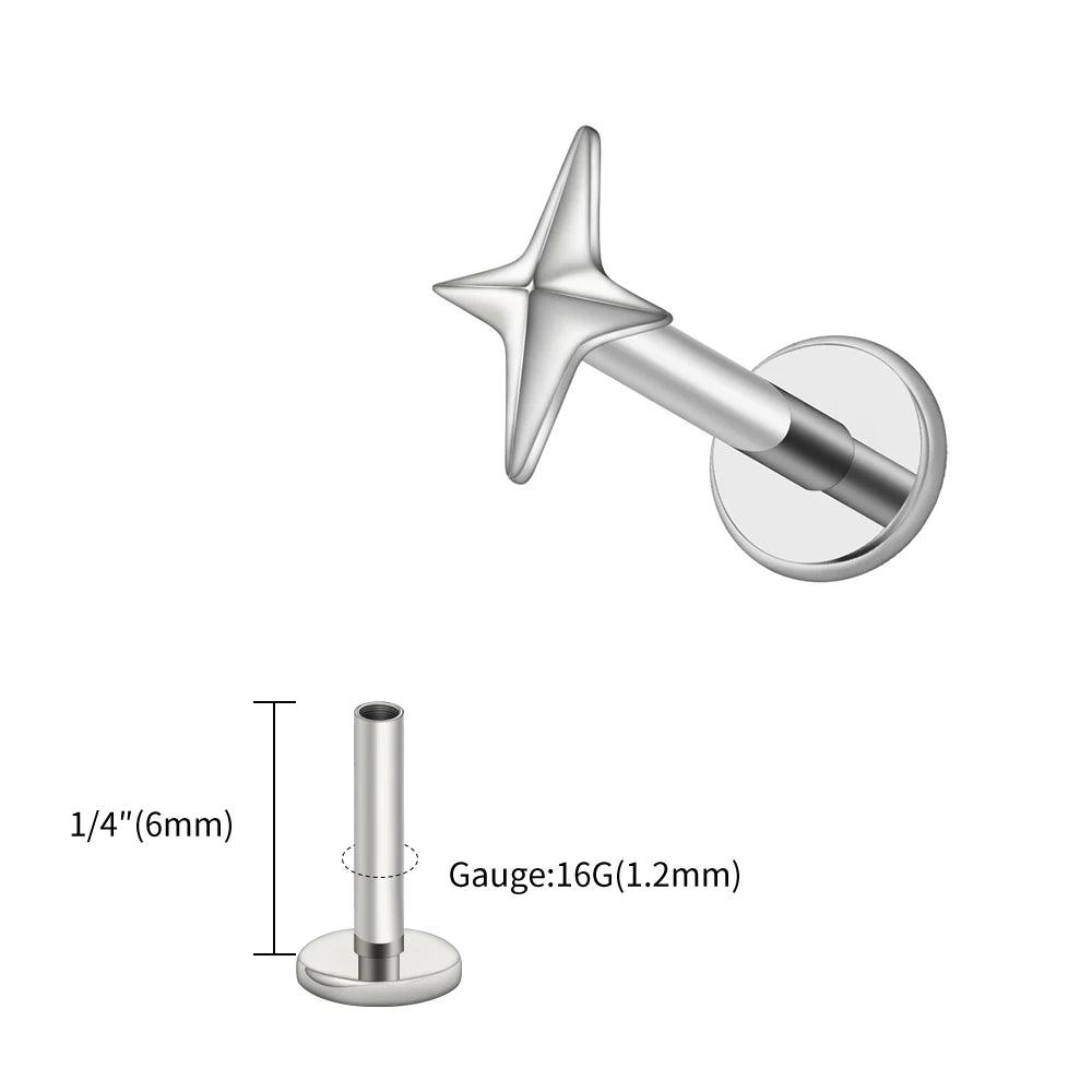 Right Grand ASTM F136 Titanium 16G Four-Pointed Star Cartilage Stud Earring – Helix, Tragus, Flatback Labret & Nose Piercing Jewelry