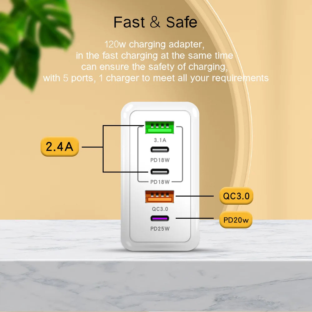 PD 5-Port USB Charger with Fast Charging – QC3.0 and USB-C, Quick Charge for iPhone, Huawei, Samsung, Xiaomi and iPad