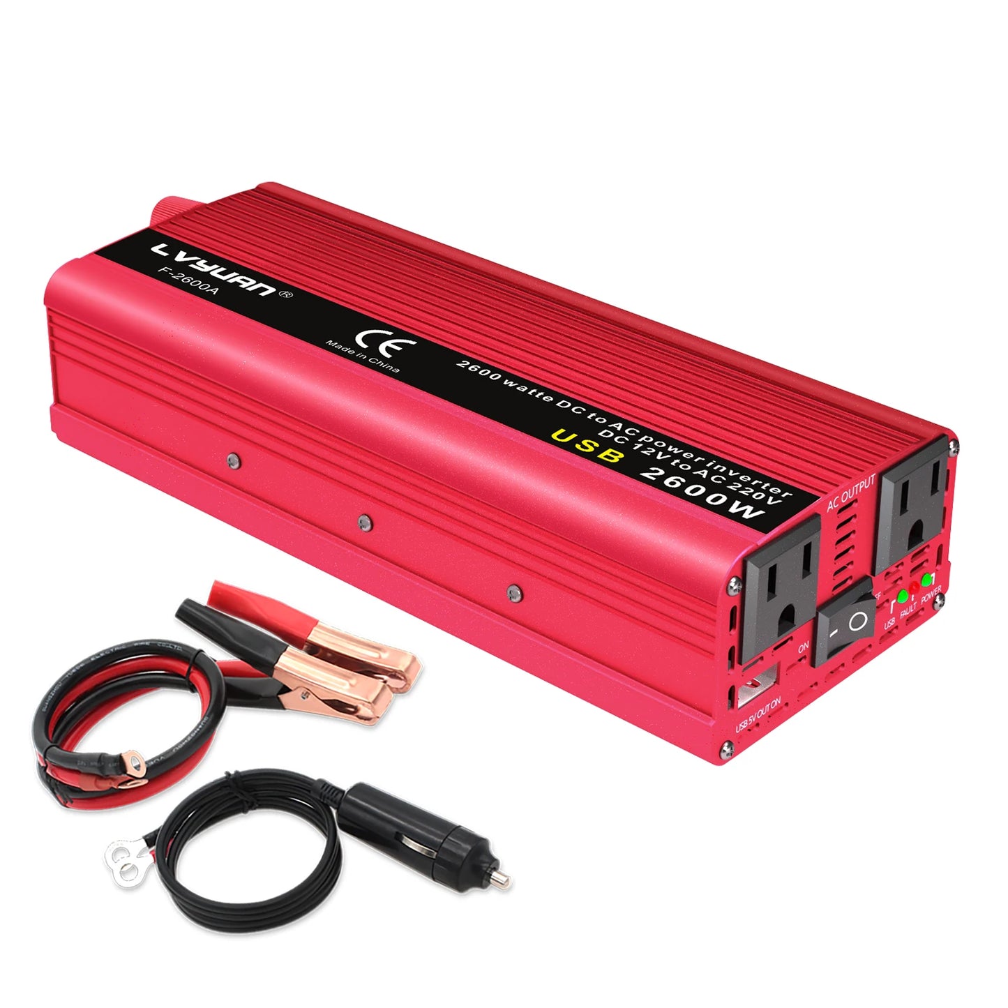 1500W-2600W Car Power Inverter – Portable DC12V to AC110V Charger for Phone, Laptop, Camera with US Socket
