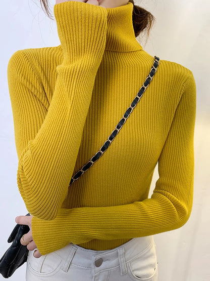 ZOKI New 2023 Women's Turtleneck Pullover Sweater - Slim Fit, Long Sleeve Elastic Jumper, Simple Korean Style Solid Color Top