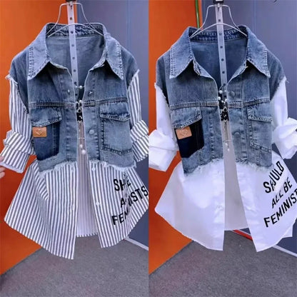Women’s Denim Jacket – 2025 Casual Fashion, Fake Two Denim Shirts with Striped Stitching, Spring & Autumn Coat