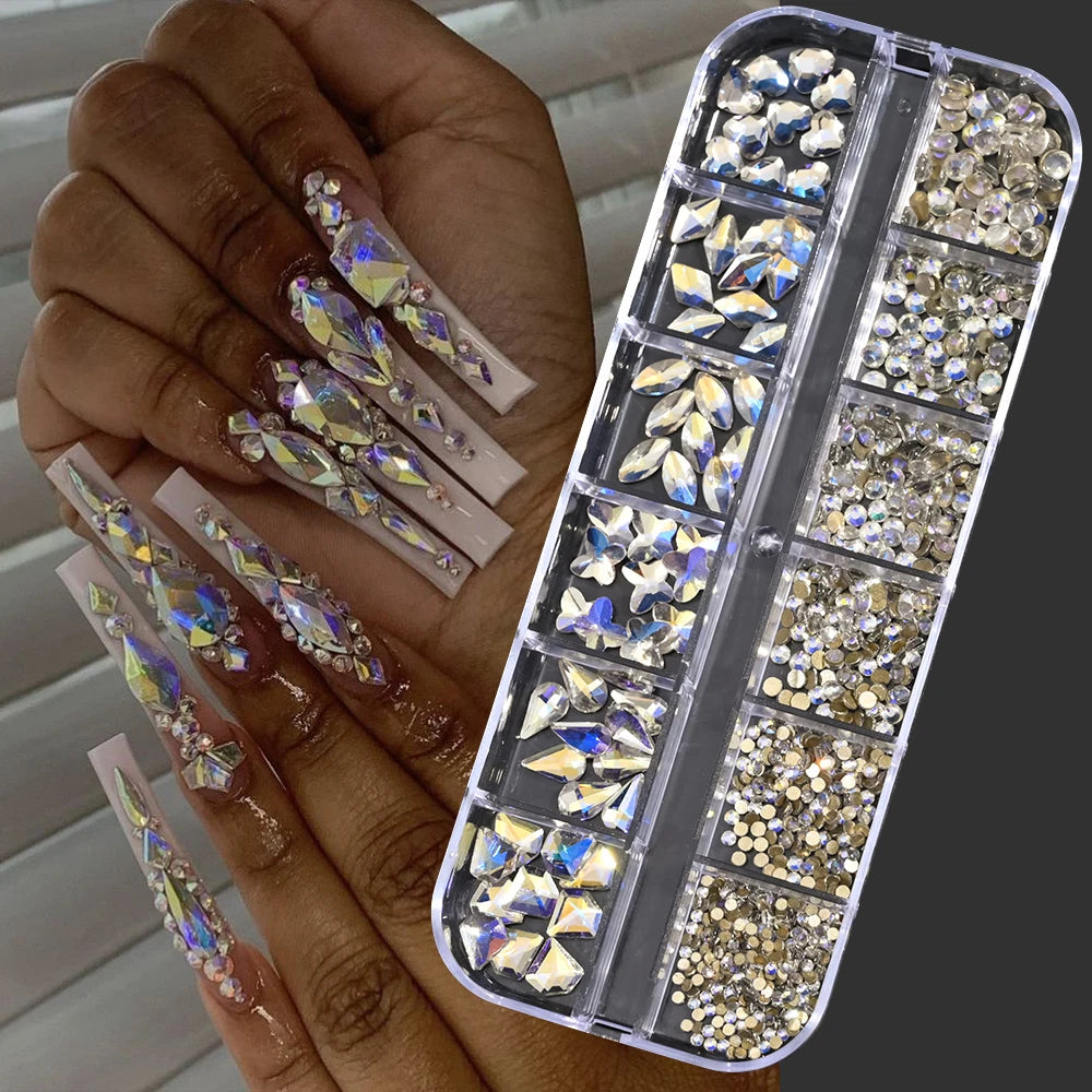 12-Grid Mixed Nail Rhinestones SS6-SS30 – Shiny Flat-Back Gems in Clear, Gold, Pink & Blue for Nail Art Decoration
