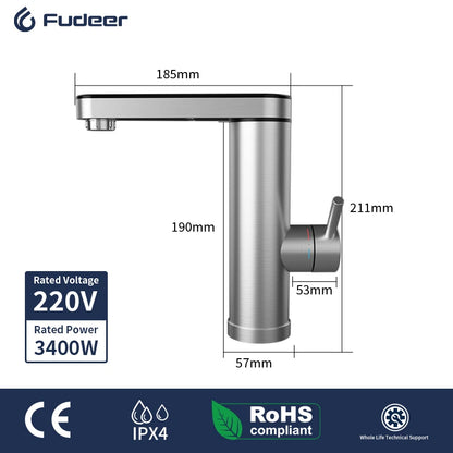 Fudeer 3400W 220V Electric Kitchen Water Heater Tap – Instant Hot & Cold Stainless Steel Faucet Heater
