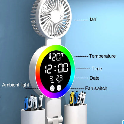 LED Desk Lamp with Fan & Clock - Adjustable Brightness Reading and Study Light