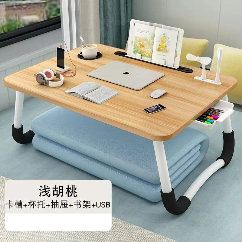 Foldable Laptop Desk for Bed & Sofa – Portable Lap Table with Cup, Book Holder, Drawer, and USB Slot
