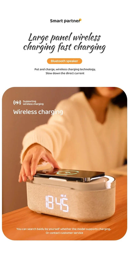 Portable Bluetooth Speaker with Wireless Charging — FM Radio, Alarm Clock, Music Sound Box, Night Light & Charger Lamp