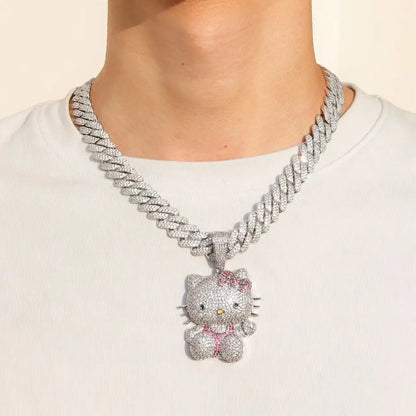 Kawaii Hello Kitty Necklace – Anime Sanrio Hip Hop Diamond Pendant with Cuba Chain, Cute Cartoon Jewelry Gift for Men & Women