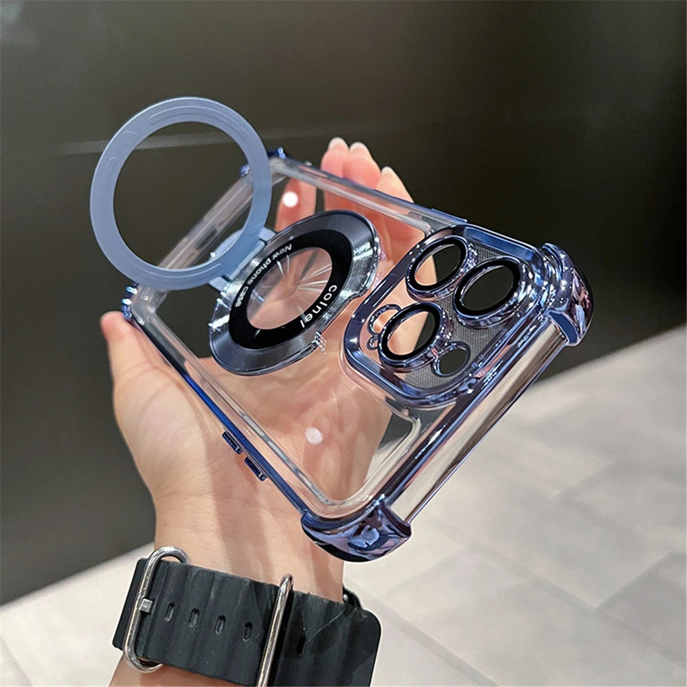 Luxury Plated Shockproof Magnetic Bracket for MagSafe – Clear Case with Stand Holder for iPhone 15, 16, 14, 13, 12, 11 Pro Max