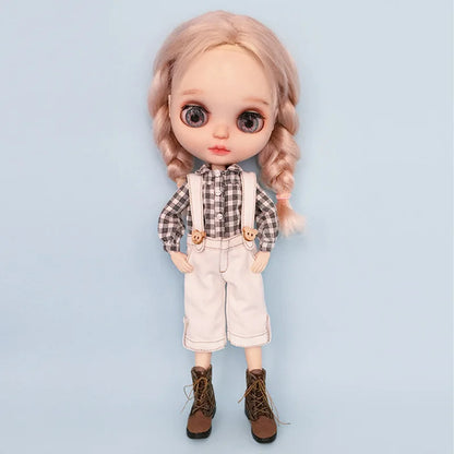 Casual Blythe Doll Clothes – Romper, Plaid Pants & Long Sleeve Top for Licca, Azone, OB24/OB27 Dolls
