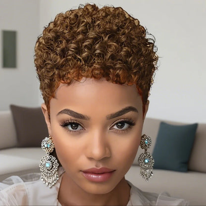 Short Afro Kinky Curly Human Hair Wig - Pixie Cut Full Machine-Made Wig for Women