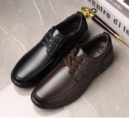 Men's Genuine Leather Casual Shoes - Soft Sole Lace-Up Loafers, Luxury Brand for Middle-Aged & Older Adults, Lightweight Dad Shoes