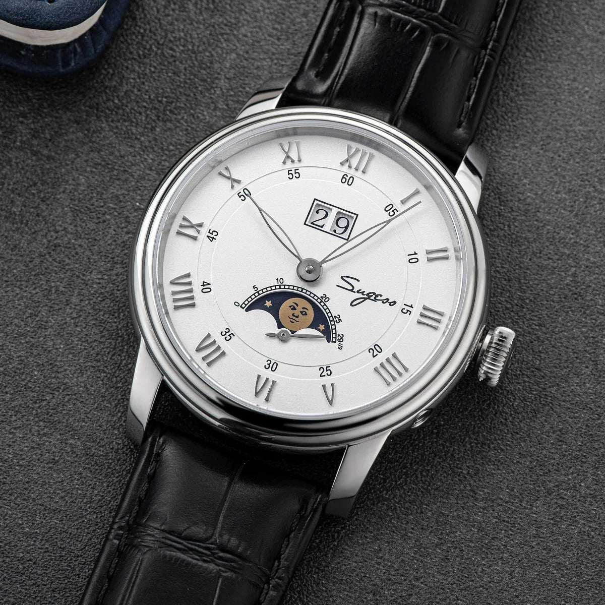 Sugess Moonphase Men’s Automatic Mechanical Watch — 40MM Stainless Steel with Seagull ST2528 Movement and Blue Sandstone Dial