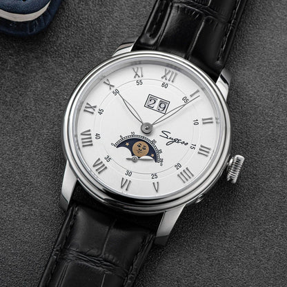 Sugess Moonphase Men’s Automatic Mechanical Watch — 40MM Stainless Steel with Seagull ST2528 Movement and Blue Sandstone Dial