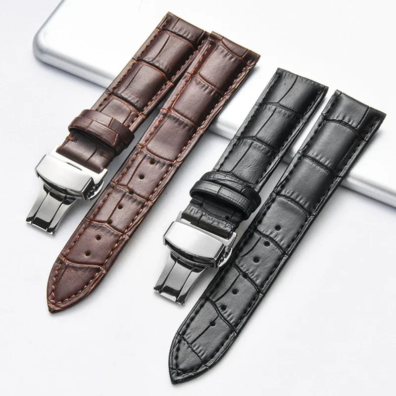 Genuine Leather Watch Band with Wooden Box – Replacement Strap with Butterfly Clasp, 18mm 20mm 22mm Bracelet Accessory