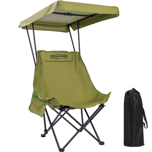 YOUNG WOOD Portable Camping Chair with Shade Canopy – Lightweight Foldable Oversized Beach & Outdoor Chair for Camping, Travel & Relaxation