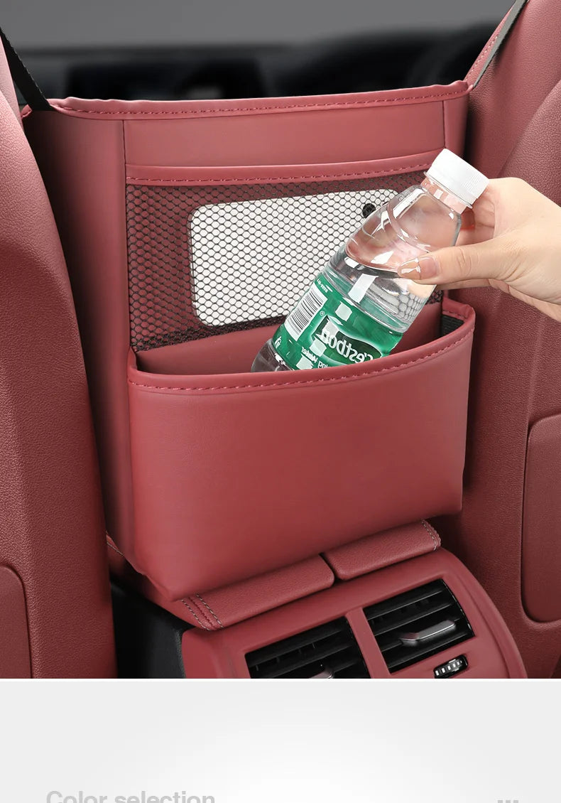 Car Handbag Holder Between Seats – Multi-Functional Leather Storage Bag with Tissue Box, Phone, Cup & Map Organizer