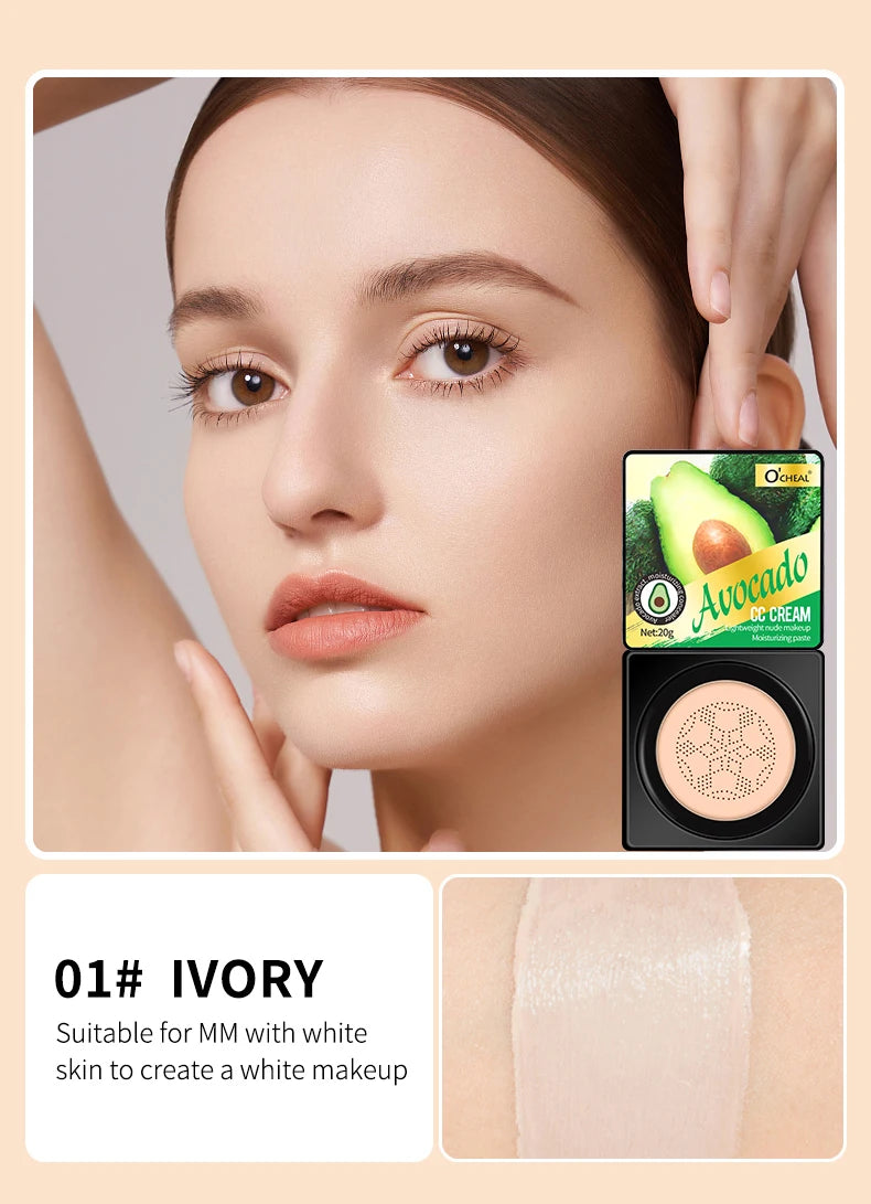 Air Cushion CC Cream with Mushroom Head Puff – Moisturizing, Brightening BB Cream & Waterproof Face Concealer