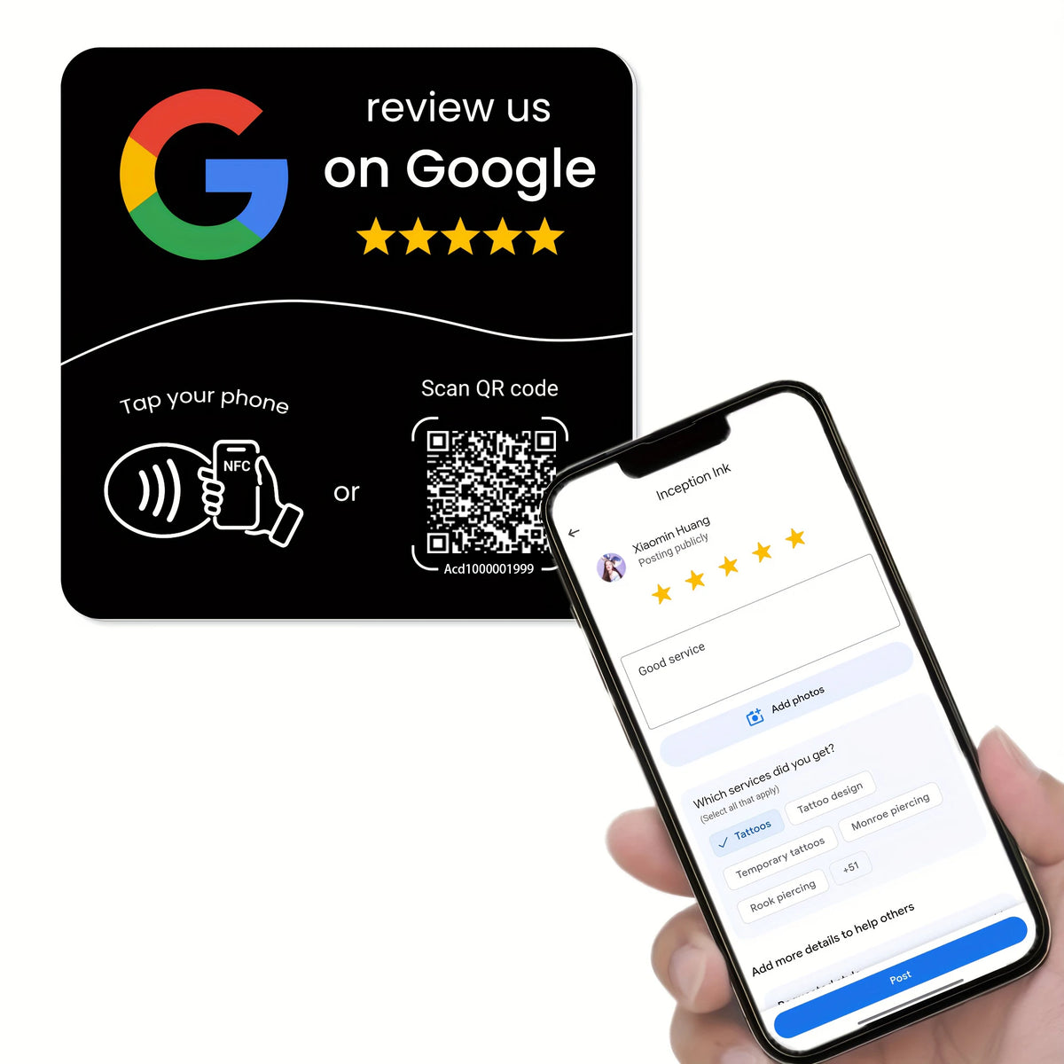 NFC 215 Square Google Review Card - Programmable 13.56MHz NFC Stand with Editable QR Code