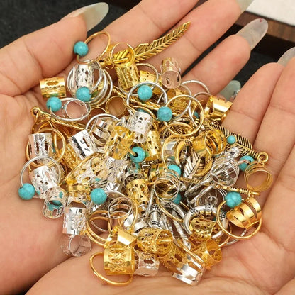 31PCS Turquoise Hollow-Out Hair Rings — Dreadlock & Braid Beads, Hair Braid Tubes Charm Jewelry for Styling
