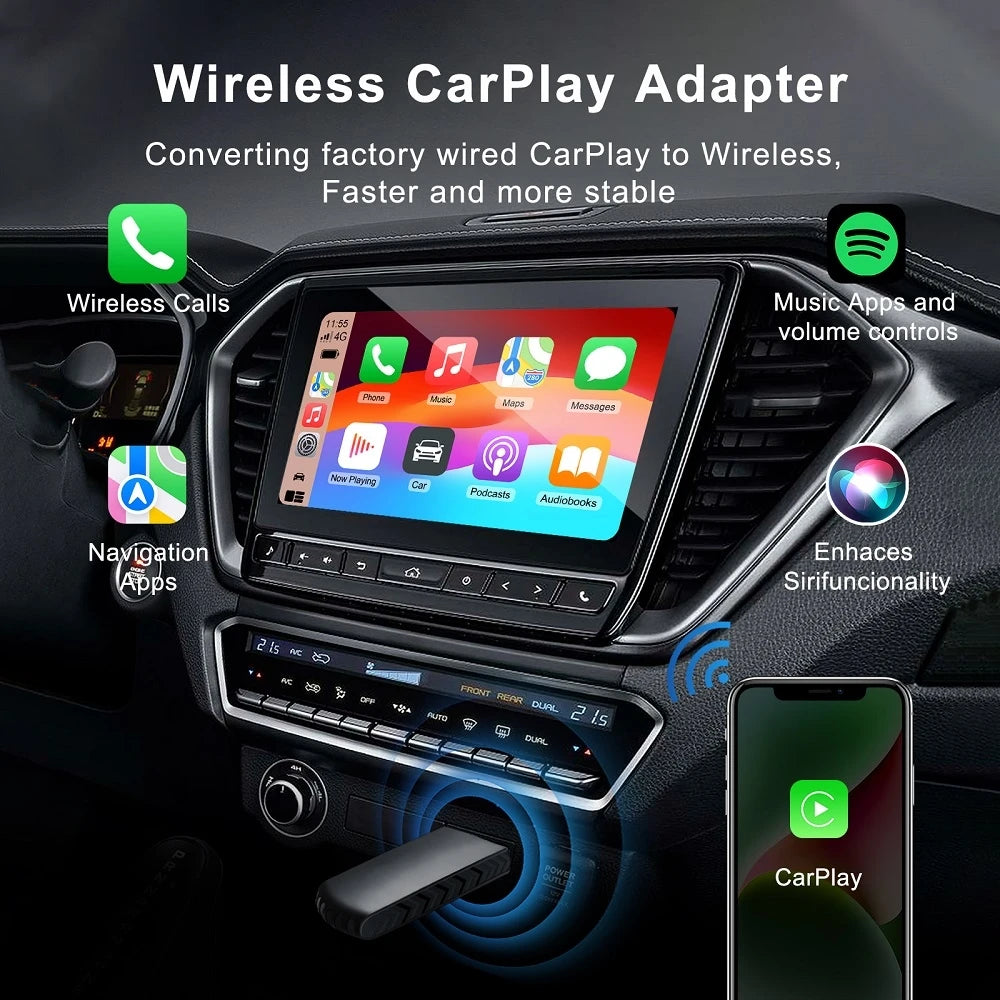 2024 Mini Apple CarPlay Wireless Adapter - Bluetooth WiFi Dongle for Fast Connect, Plug and Play for OEM Wired CarPlay