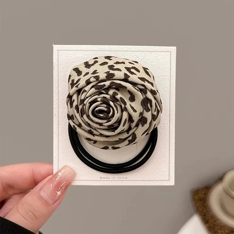 Leopard Rose Hair Ties - 1/2-Piece Elastic Floral Ponytail Accessories