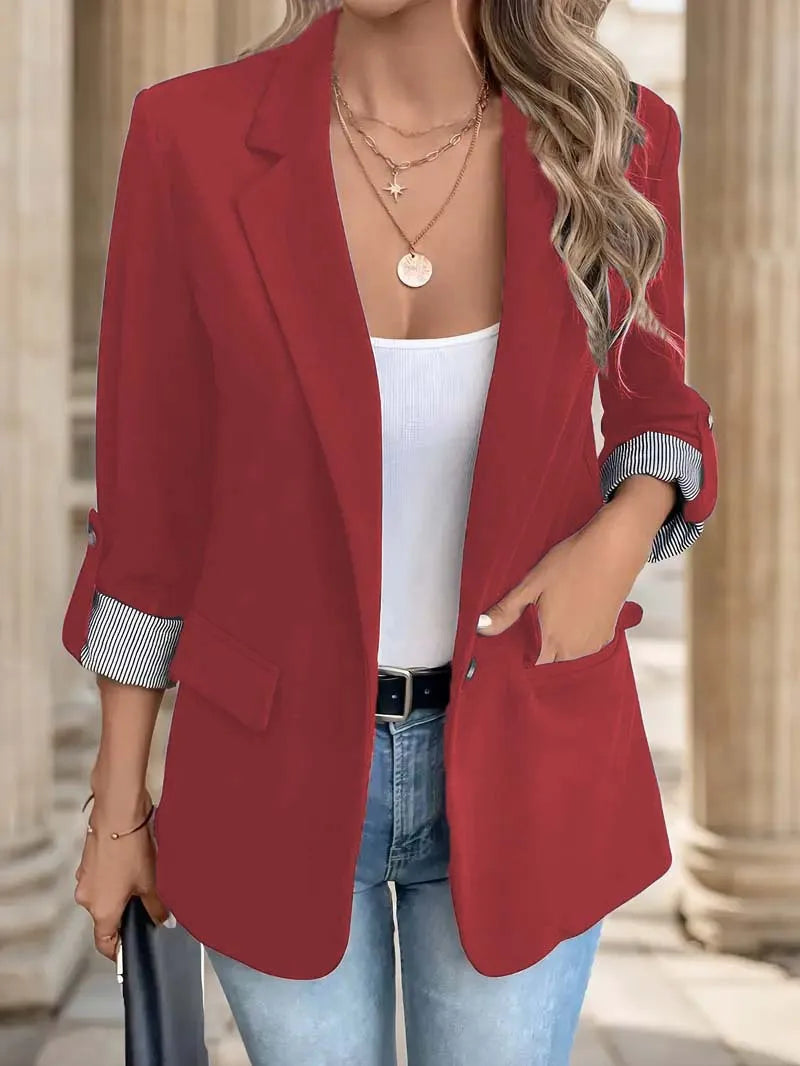 2025 Stylish Women's Casual Button-Up Suit Jacket – Slim Fit, Seven-Quarter Rolled Sleeves