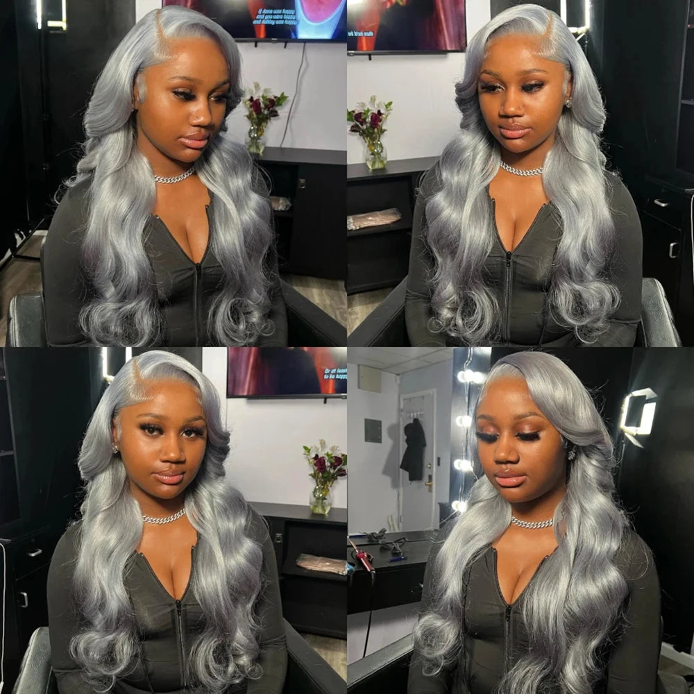 13x6 Silver Grey Body Wave Lace Front Wig – 100% Human Hair, Preplucked 13x4 Lace Frontal Brazilian Wig, 36 Inch
