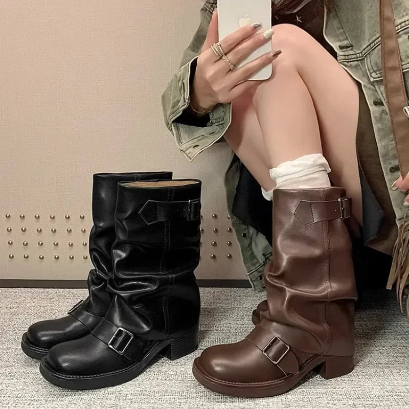 Pleated Buckle Knight Boots for Women – Autumn Brown PU Leather Mid-Calf Slip-On Riding Boots with Thick Heel 2024