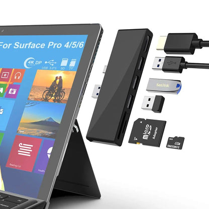 Surface Pro 6-in-1 USB 3.0 Hub - 4K DisplayPort Adapter with 3 USB Ports, SD & TF Card Reader for Surface Pro 4/5/6