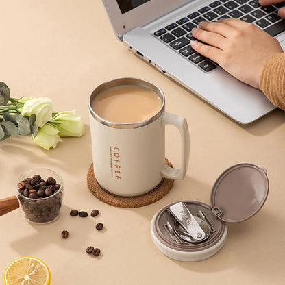 WORTHBUY Double-Layer Stainless Steel Coffee Cup – Insulated 304 Travel Mug with Spoon & Straw, Anti-Scald Milk & Water Cup
