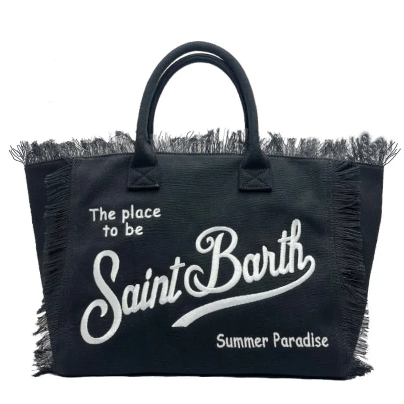 Saint Barth Large Capacity Women's Beach Handbag – European & American Style, Deep Blue Striped Tassel Tote