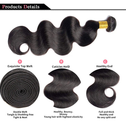 Body Wave Bundles – 100% Brazilian Human Hair Weave Extensions, Natural Black, 3PCS Bundle Deal