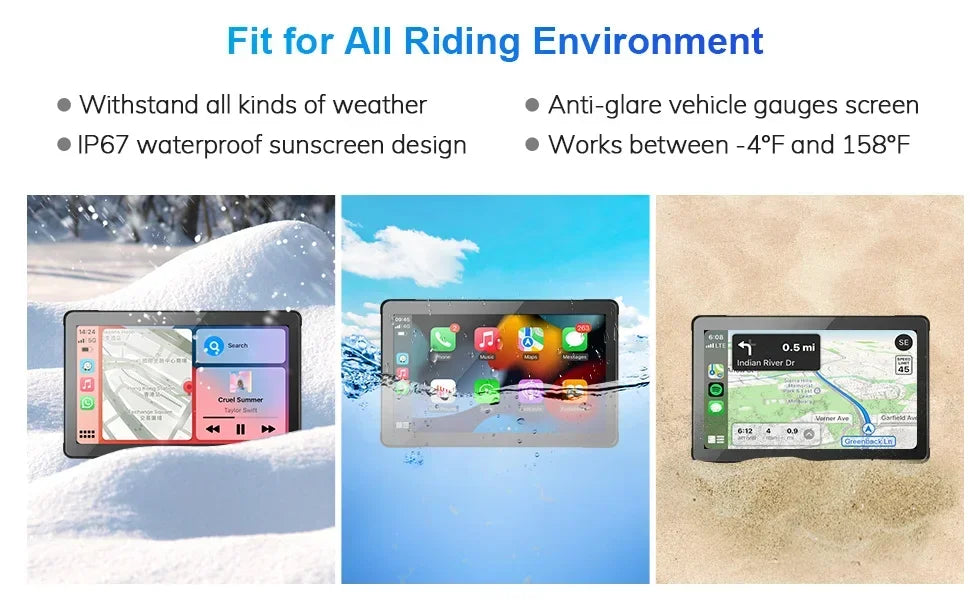 5/7 Inch Motorcycle CarPlay DVR Navigation GPS Monitor – Wireless Android Auto, Airplay, IPX7 Waterproof Portable Display