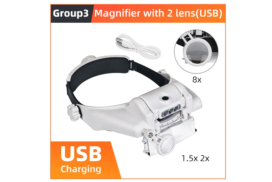 LED Headband Magnifier with 8x Lenses – Hands-Free Magnifying Glass for Jewelry, Watch & Electronic Repair