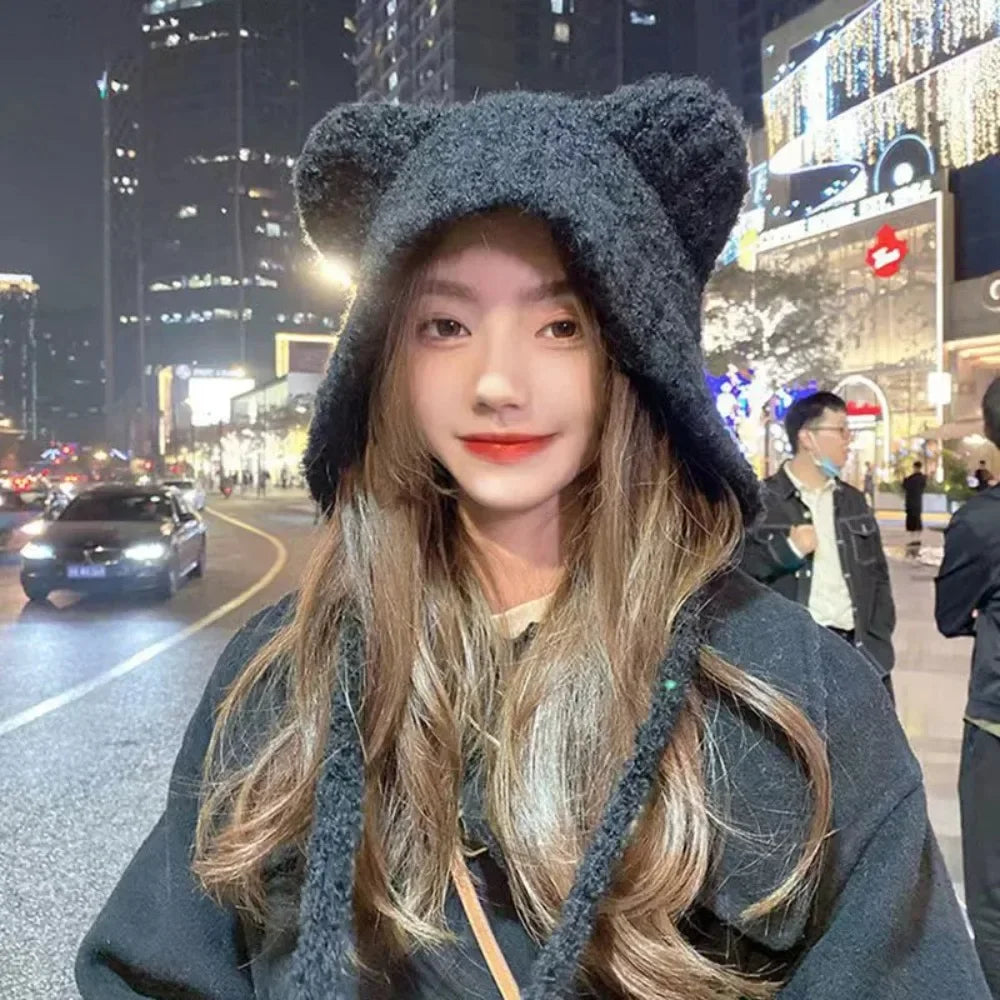 Cute Girl Knit Bear Earmuff Hat – Women’s Woolen Crochet Beanie Bonnet Winter Warm Headwear