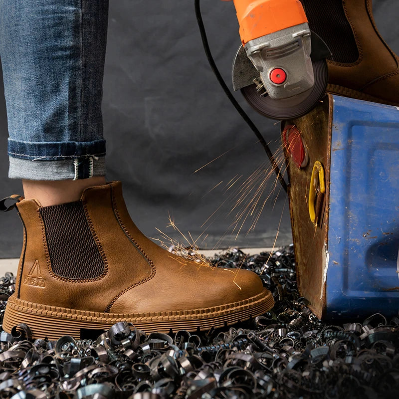 Waterproof Safety Work Shoes for Men – Steel Toe Leather Boots, Indestructible Construction Footwear in Brown