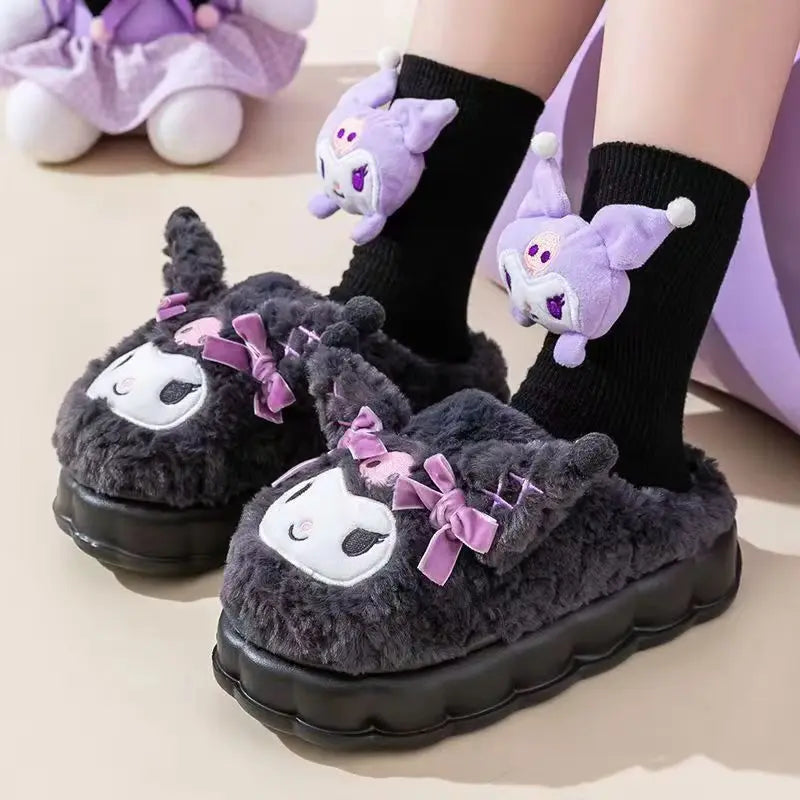 Kuromi Cotton Slippers for Women — Cute Cartoon Anti-Slip Home Shoes, Thickened Autumn & Winter Footwear
